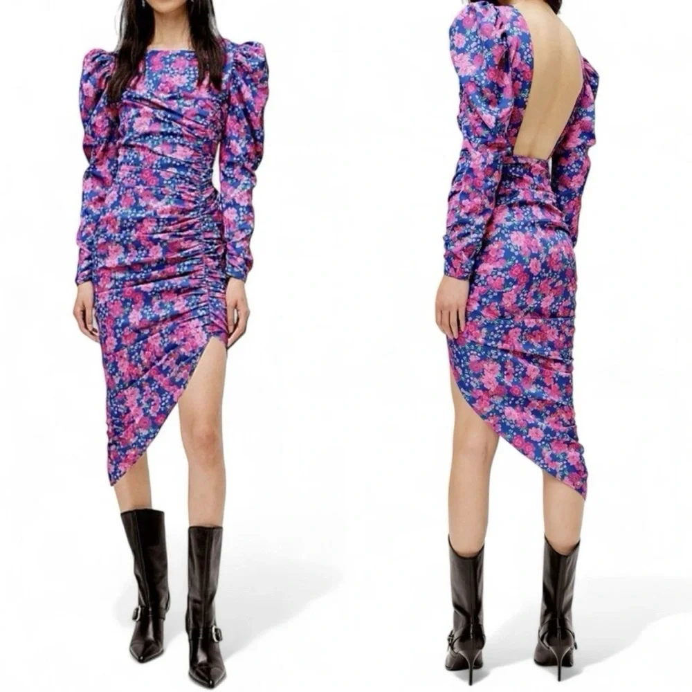 For Love & Lemons Annie Blue Purple Floral Satin Midi Dress Puff Sleeve Small
